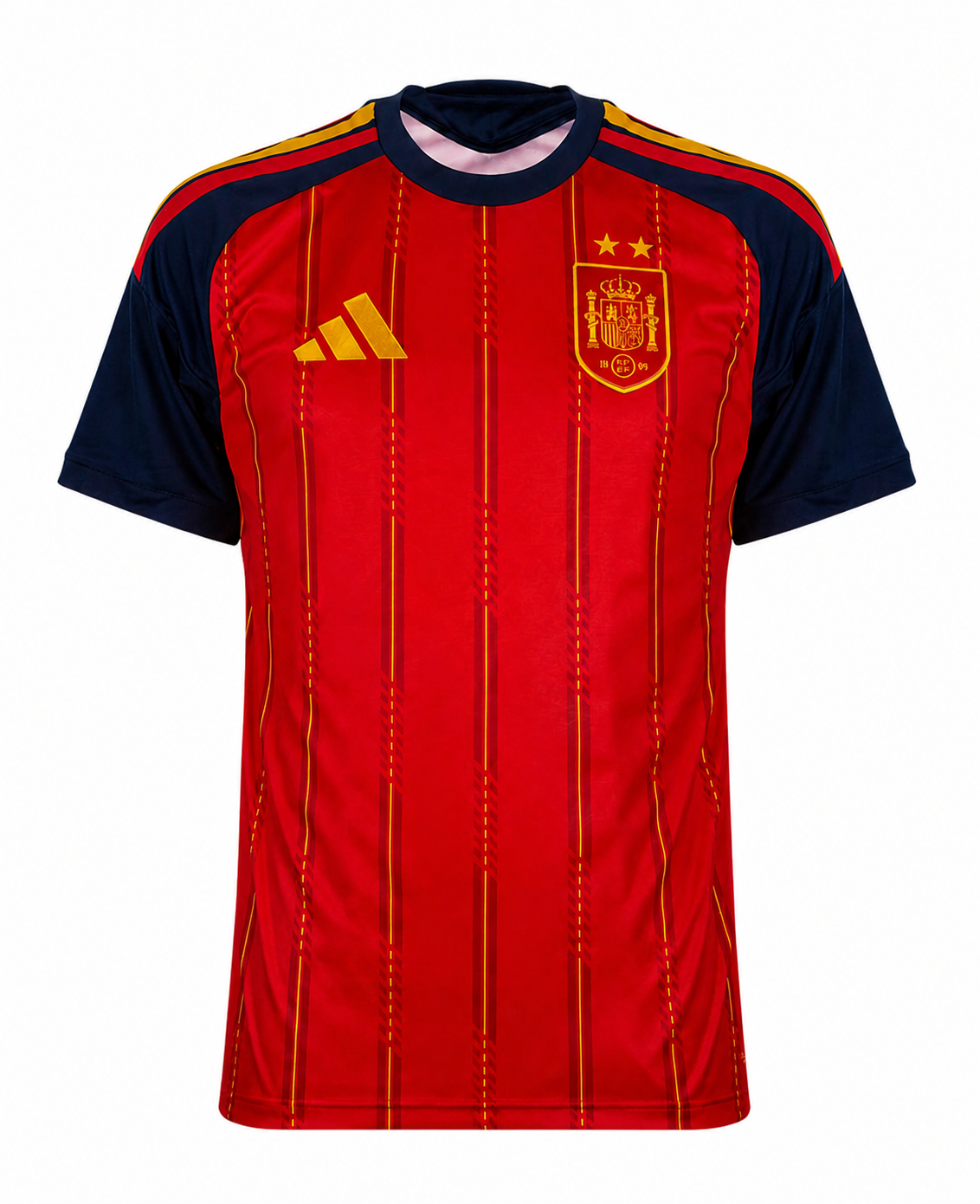 Camiseta LA ROJA local de color rojo con detalles dorados y dos estrellas.