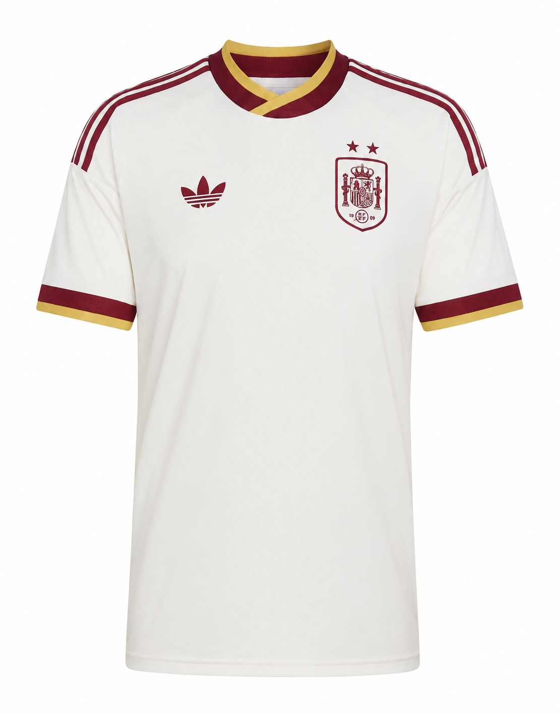 Camiseta LA ROJA visitante blanca con detalles granates y dorados.